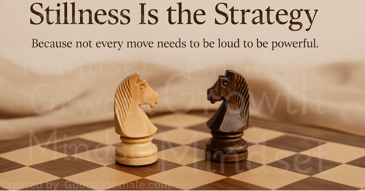 Two knights on a wooden chessboard with the quote Stillness is the strategy – because not every move needs to be loud to be powerful.